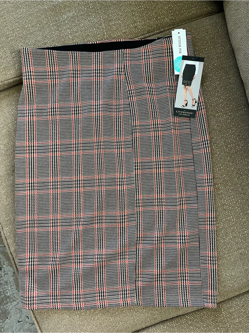 Liverpool Plaid Pencil Skirt in Black and Coral